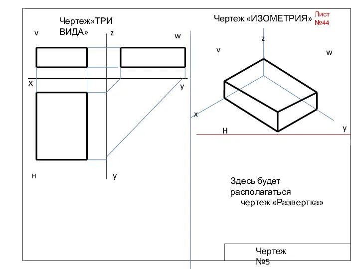 Лист №44 Здесь будет располагаться чертеж «Развертка» Чертеж «ИЗОМЕТРИЯ» Чертеж №5