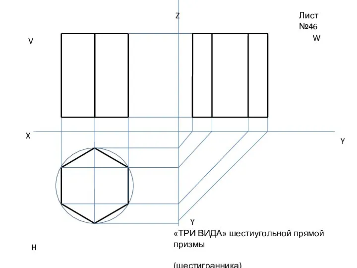 Лист №46 «ТРИ ВИДА» шестиугольной прямой призмы (шестигранника) Строим на левой