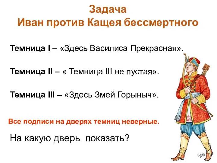 Задача Иван против Кащея бессмертного Темница I – «Здесь Василиса Прекрасная».