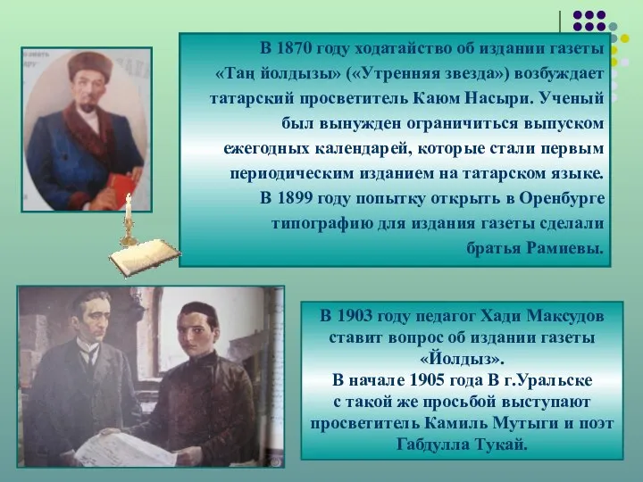 В 1870 году ходатайство об издании газеты «Таң йолдызы» («Утренняя звезда»)