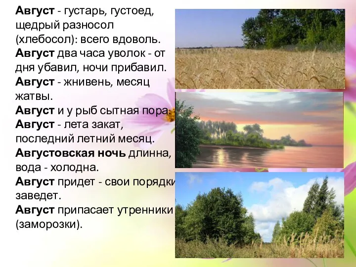 Август - густарь, густоед, щедрый разносол (хлебосол): всего вдоволь. Август два