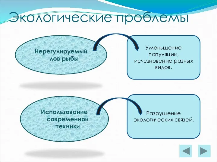 Разрушение экологических связей. Уменьшение популяции, исчезновение разных видов. Экологические проблемы Нерегулируемый лов рыбы Использование современной техники