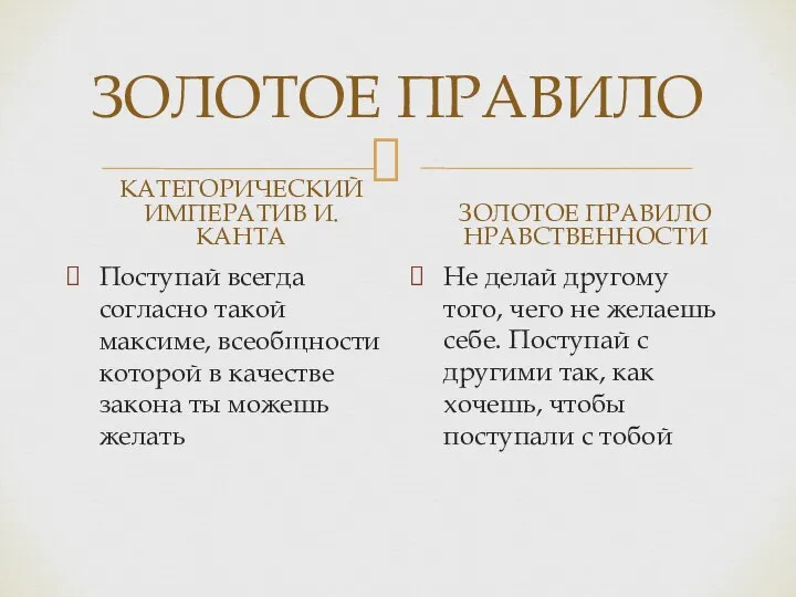 ЗОЛОТОЕ ПРАВИЛО КАТЕГОРИЧЕСКИЙ ИМПЕРАТИВ И.КАНТА Поступай всегда согласно такой максиме, всеобщности