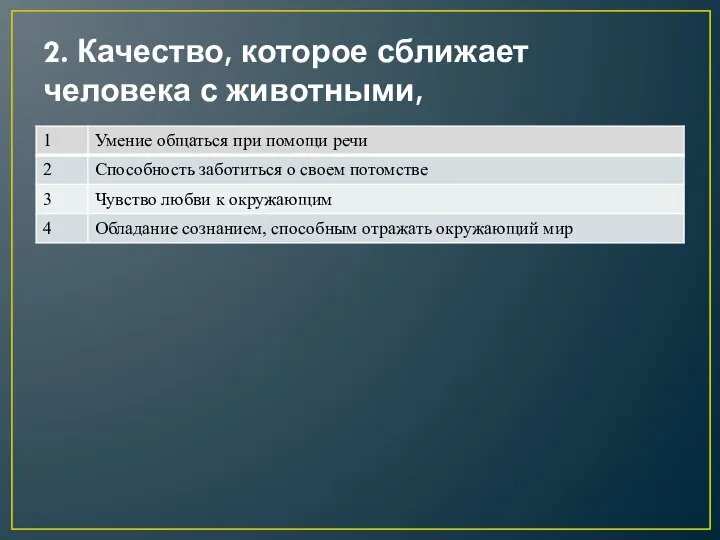 2. Качество, которое сближает человека с животными,