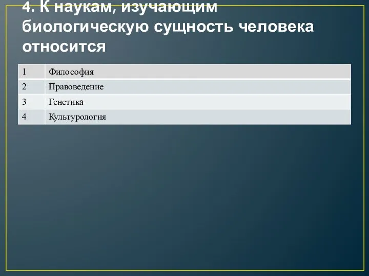 4. К наукам, изучающим биологическую сущность человека относится