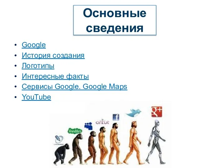 Google История создания Логотипы Интересные факты Сервисы Google. Google Maps YouTube Основные сведения