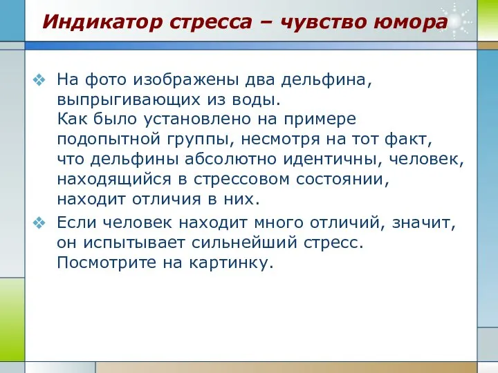 Индикатор стресса – чувство юмора На фото изображены два дельфина, выпрыгивающих