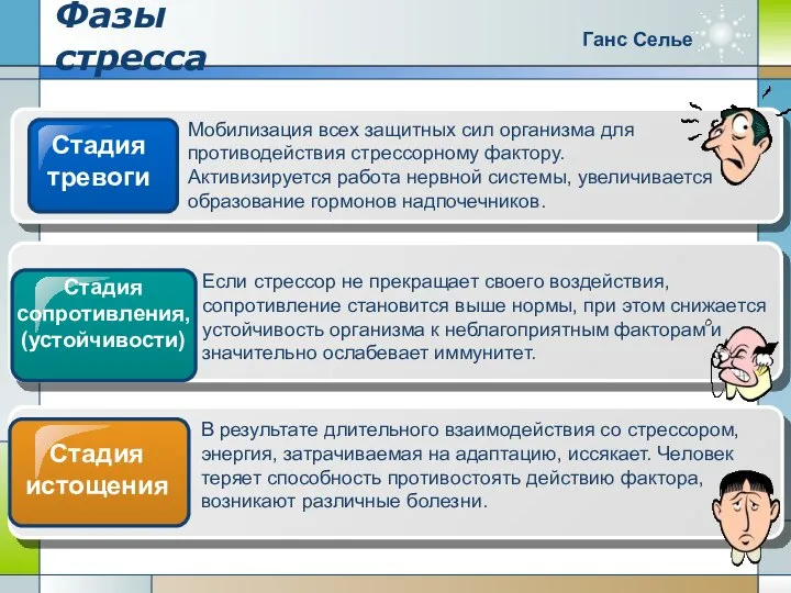 Фазы стресса Мобилизация всех защитных сил организма для противодействия стрессорному фактору.