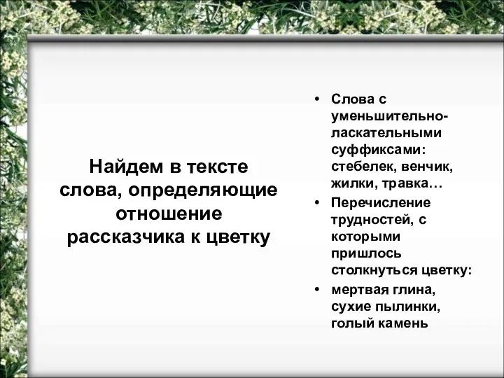 Найдем в тексте слова, определяющие отношение рассказчика к цветку Слова с