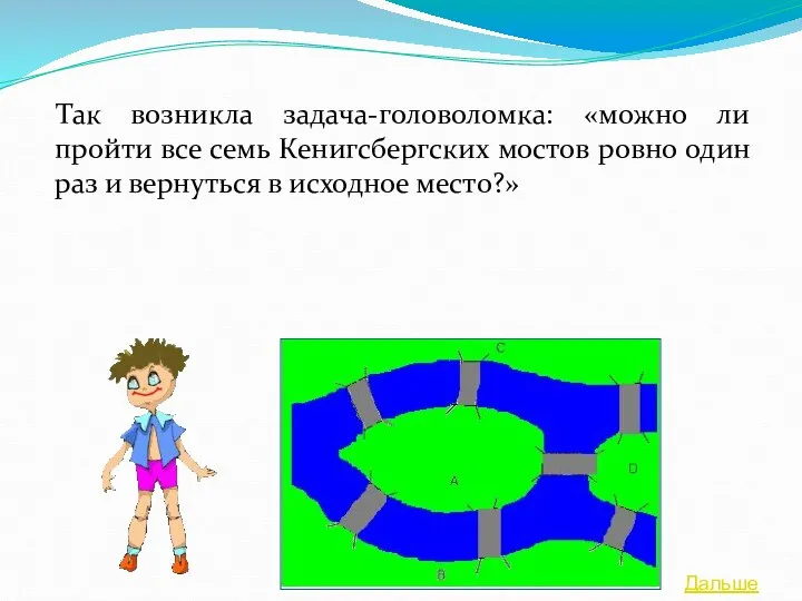 Так возникла задача-головоломка: «можно ли пройти все семь Кенигсбергских мостов ровно