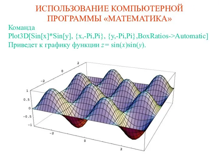 ИСПОЛЬЗОВАНИЕ КОМПЬЮТЕРНОЙ ПРОГРАММЫ «МАТЕМАТИКА» Команда Plot3D[Sin[x]*Sin[y], {x,-Pi,Pi}, {y,-Pi,Pi},BoxRatios->Automatic] Приведет к графику функции z= sin(x)sin(y).