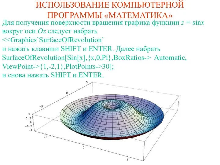 ИСПОЛЬЗОВАНИЕ КОМПЬЮТЕРНОЙ ПРОГРАММЫ «МАТЕМАТИКА» Для получения поверхности вращения графика функции z