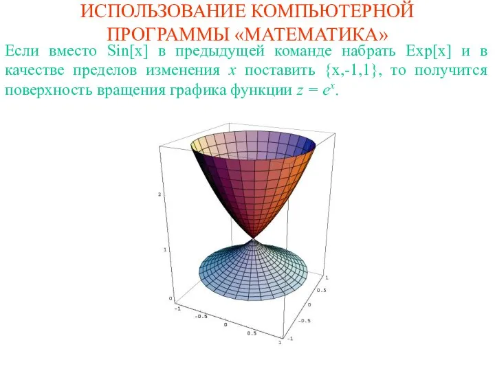 ИСПОЛЬЗОВАНИЕ КОМПЬЮТЕРНОЙ ПРОГРАММЫ «МАТЕМАТИКА» Если вместо Sin[x] в предыдущей команде набрать