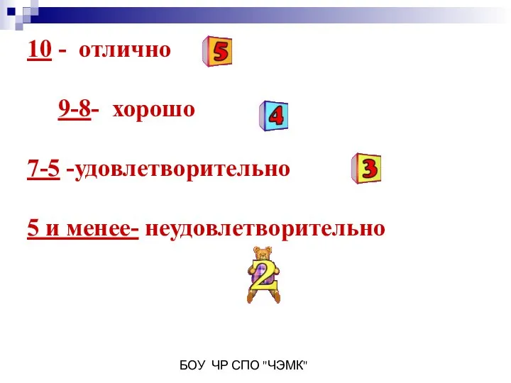 БОУ ЧР СПО "ЧЭМК" 10 - отлично 9-8- хорошо 7-5 -удовлетворительно 5 и менее- неудовлетворительно