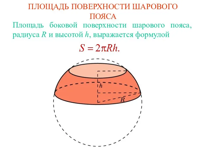 ПЛОЩАДЬ ПОВЕРХНОСТИ ШАРОВОГО ПОЯСА Площадь боковой поверхности шарового пояса, радиуса R и высотой h, выражается формулой