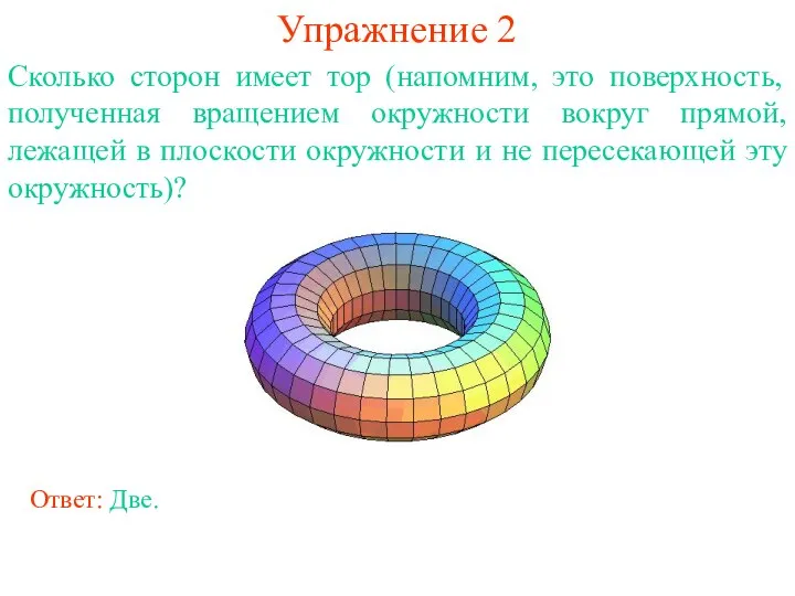 Упражнение 2 Сколько сторон имеет тор (напомним, это поверхность, полученная вращением