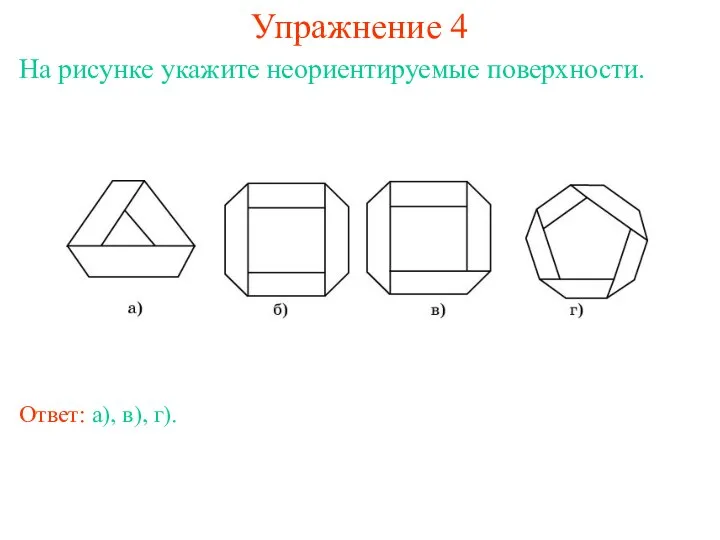 Упражнение 4 На рисунке укажите неориентируемые поверхности. Ответ: а), в), г).