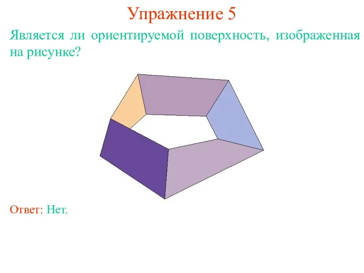 Упражнение 5 Является ли ориентируемой поверхность, изображенная на рисунке? Ответ: Нет.