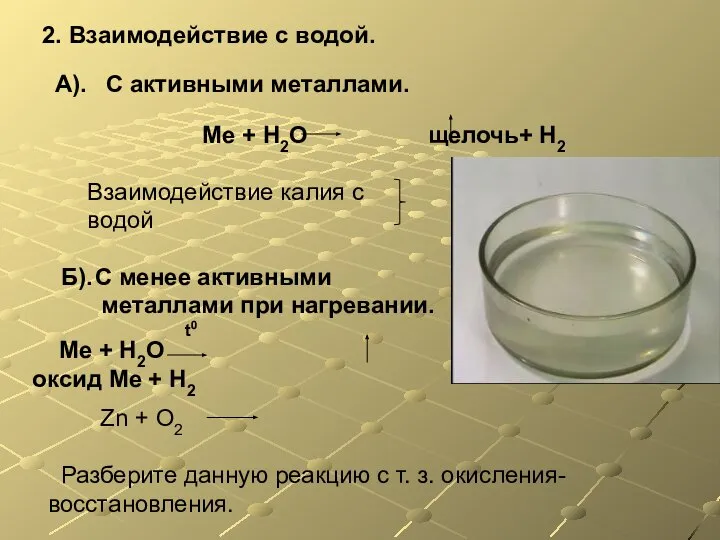 А). С активными металлами. Ме + Н2О щелочь+ Н2 Б). С