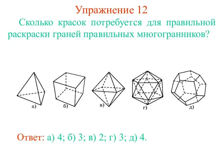 Упражнение 12 Сколько красок потребуется для правильной раскраски граней правильных многогранников?