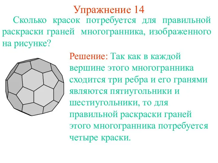 Упражнение 14 Сколько красок потребуется для правильной раскраски граней многогранника, изображенного