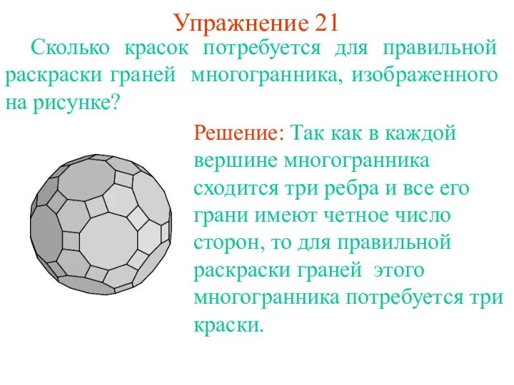 Упражнение 21 Сколько красок потребуется для правильной раскраски граней многогранника, изображенного