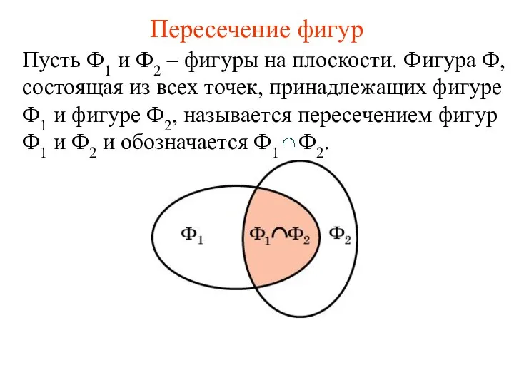 Пересечение фигур Пусть Ф1 и Ф2 – фигуры на плоскости. Фигура