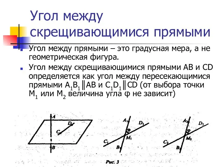 Угол между скрещивающимися прямыми Угол между прямыми – это градусная мера,