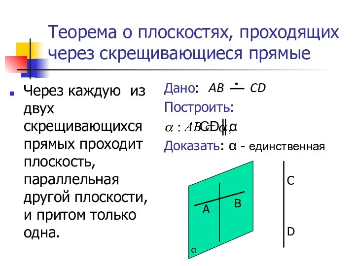 Теорема о плоскостях, проходящих через скрещивающиеся прямые Через каждую из двух