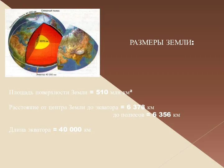 РАЗМЕРЫ ЗЕМЛИ: Площадь поверхности Земли = 510 млн км² Расстояние от