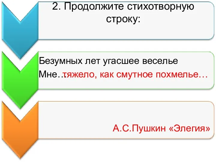 2. Продолжите стихотворную строку: Безумных лет угасшее веселье Мне… тяжело, как смутное похмелье… А.С.Пушкин «Элегия»