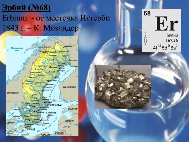 Эрбий (№68) Erbium - от местечка Иттерби 1843 г. – К. Мозандер