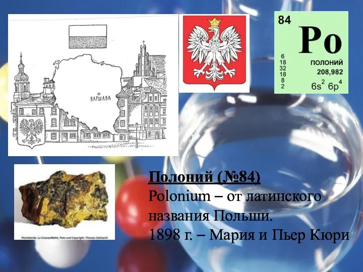 Полоний (№84) Polonium – от латинского названия Польши. 1898 г. – Мария и Пьер Кюри
