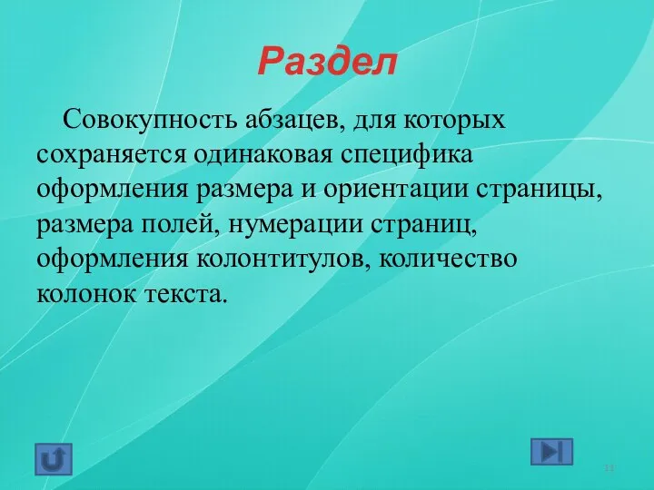 Раздел Совокупность абзацев, для которых сохраняется одинаковая специфика оформления размера и