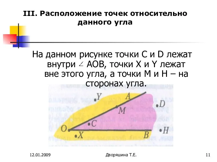 12.01.2009 Дворяшина Т.Е. III. Расположение точек относительно данного угла На данном