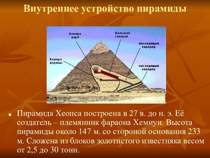 Внутреннее устройство пирамиды Пирамида Хеопса построена в 27 в. до н.