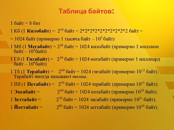 Таблица байтов: 1 байт = 8 бит 1 Кб (1 Килобайт)