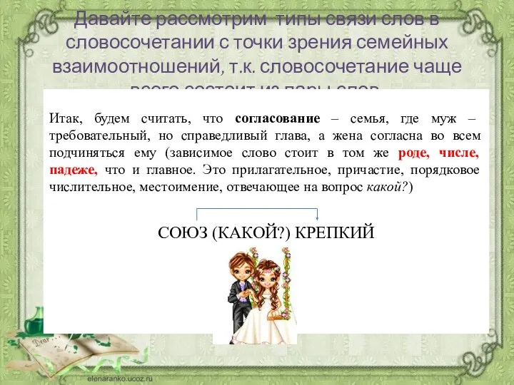 Давайте рассмотрим типы связи слов в словосочетании с точки зрения семейных