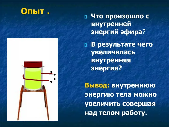 Опыт . Что произошло с внутренней энергий эфира? В результате чего