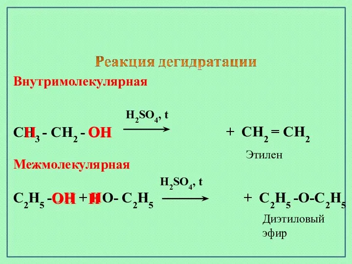 Внутримолекулярная H2SO4, t СН3 - СН2 - ОН ОН Межмолекулярная H2SO4,