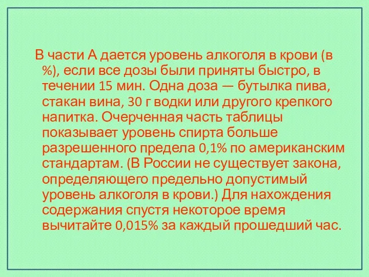 В части А дается уровень алкоголя в крови (в %), если