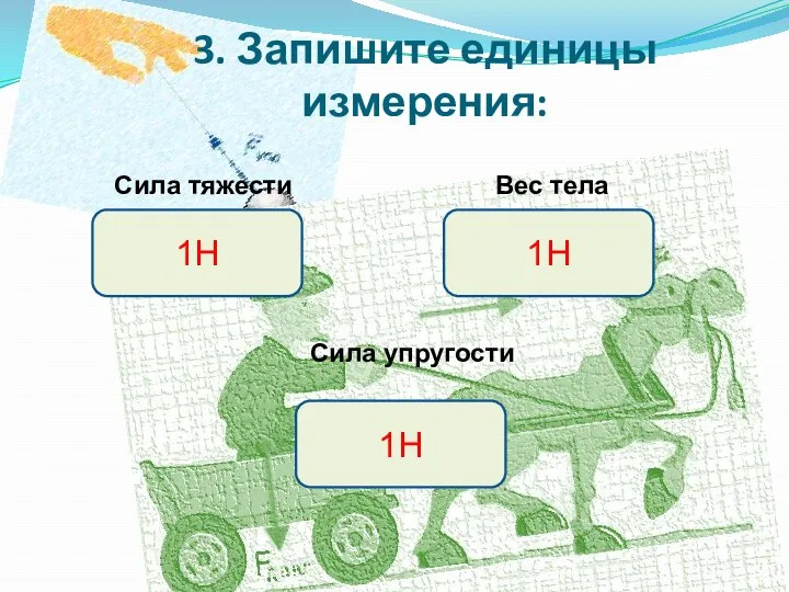 3. Запишите единицы измерения: Сила тяжести Вес тела Сила упругости 1H 1H 1H