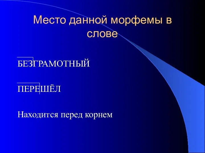 Место данной морфемы в слове БЕЗГРАМОТНЫЙ ПЕРЕШЁЛ Находится перед корнем