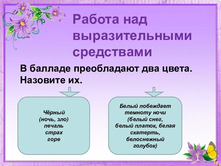 Работа над выразительными средствами В балладе преобладают два цвета. Назовите их.