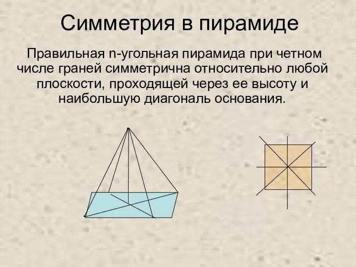 Симметрия в пирамиде Правильная n-угольная пирамида при четном числе граней симметрична