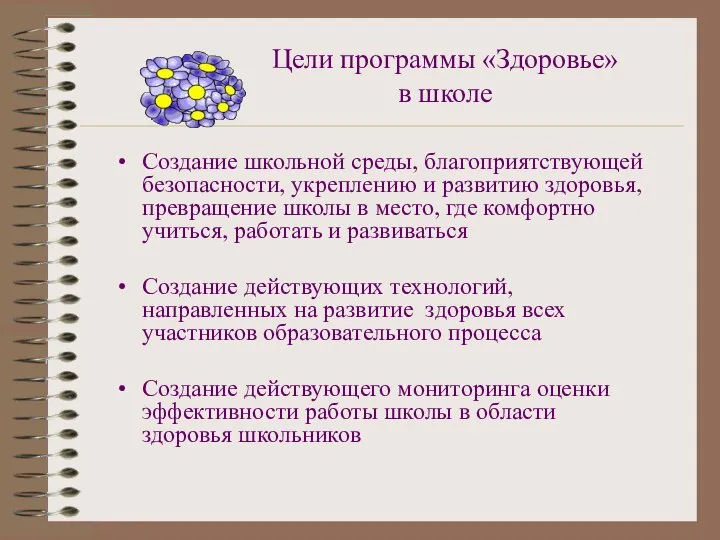 Цели программы «Здоровье» в школе Создание школьной среды, благоприятствующей безопасности, укреплению