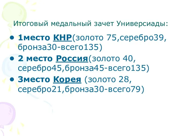 Итоговый медальный зачет Универсиады: 1место КНР(золото 75,серебро39,бронза30-всего135) 2 место Россия(золото 40,серебро45,бронза45-всего135) 3место Корея (золото 28,серебро21,бронза30-всего79)