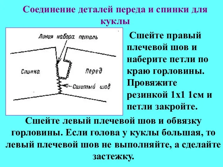 Соединение деталей переда и спинки для куклы Сшейте правый плечевой шов