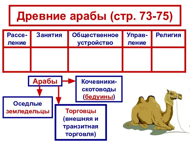 Древние арабы (стр. 73-75) Арабы Оседлые земледельцы Кочевники- скотоводы (бедуины) Торговцы (внешняя и транзитная торговля)