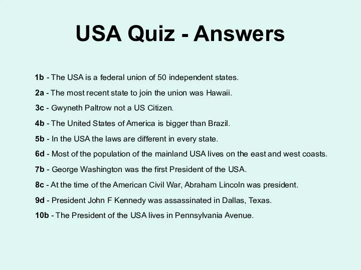 USA Quiz - Answers 1b - The USA is a federal